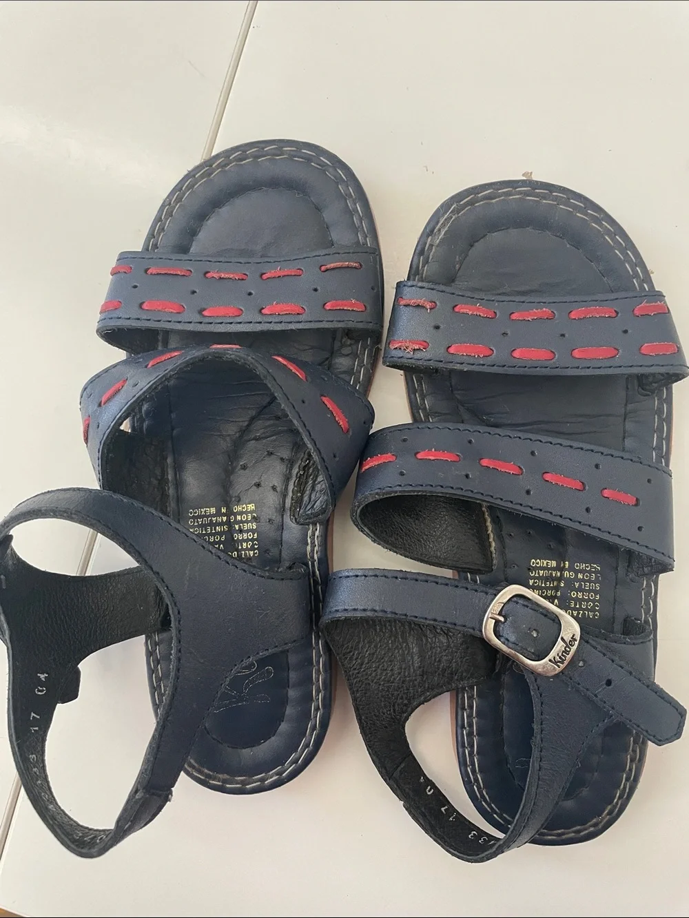 Kinder Navy Leather Kids Sandals with Red Accents